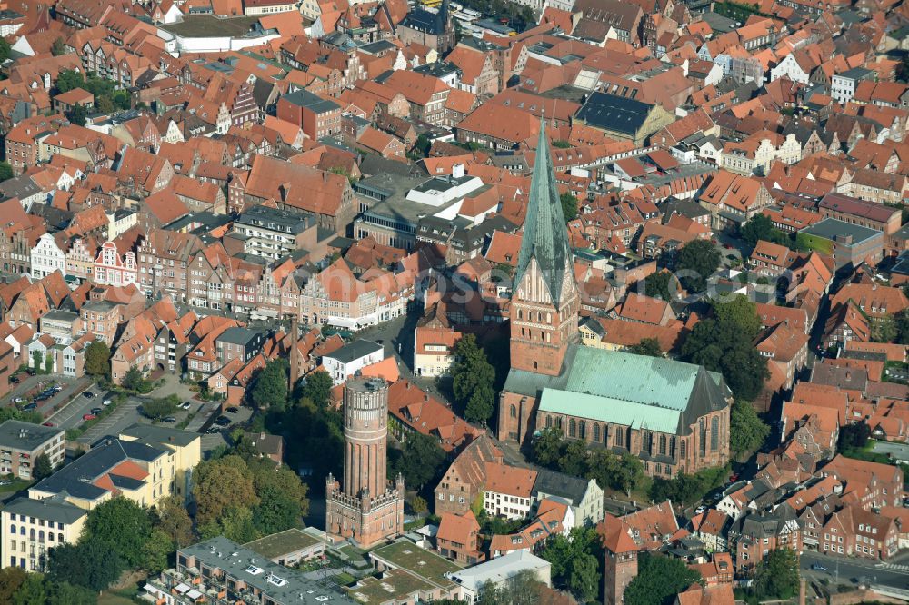 Aerial image Lüneburg - Building of industrial monument water tower in Lueneburg in the state Lower Saxony, Germany