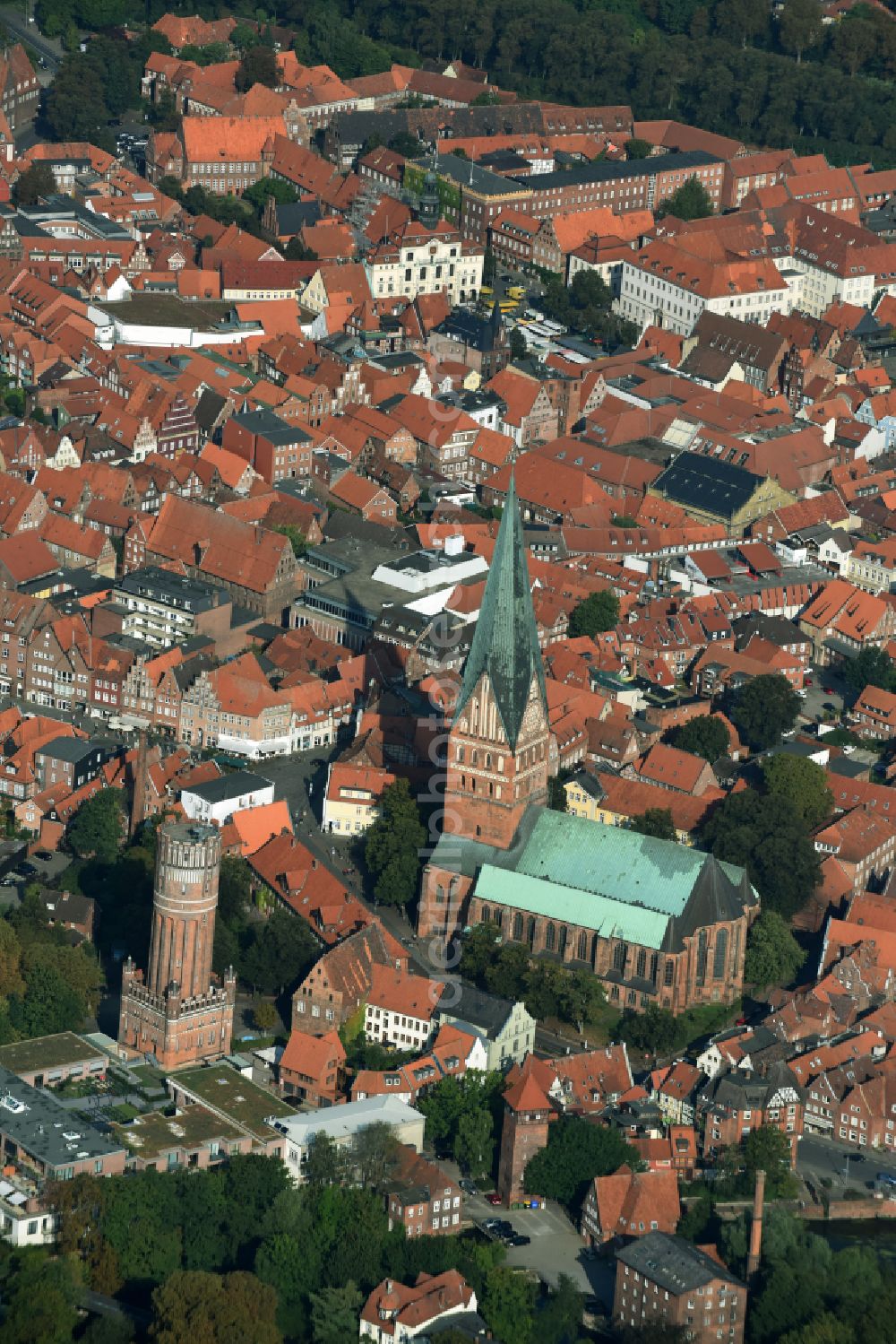 Aerial photograph Lüneburg - Building of industrial monument water tower in Lueneburg in the state Lower Saxony, Germany