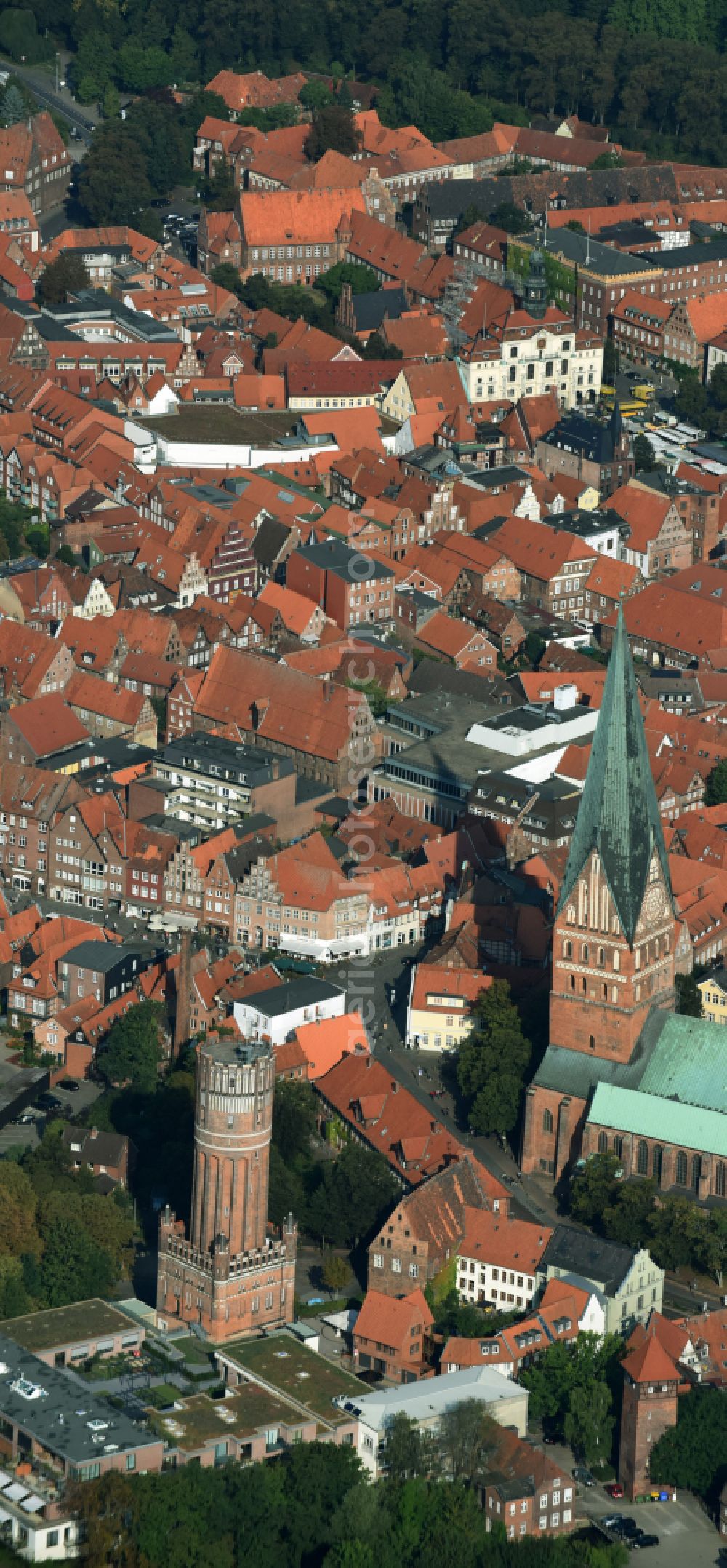 Lüneburg from above - Building of industrial monument water tower in Lueneburg in the state Lower Saxony, Germany