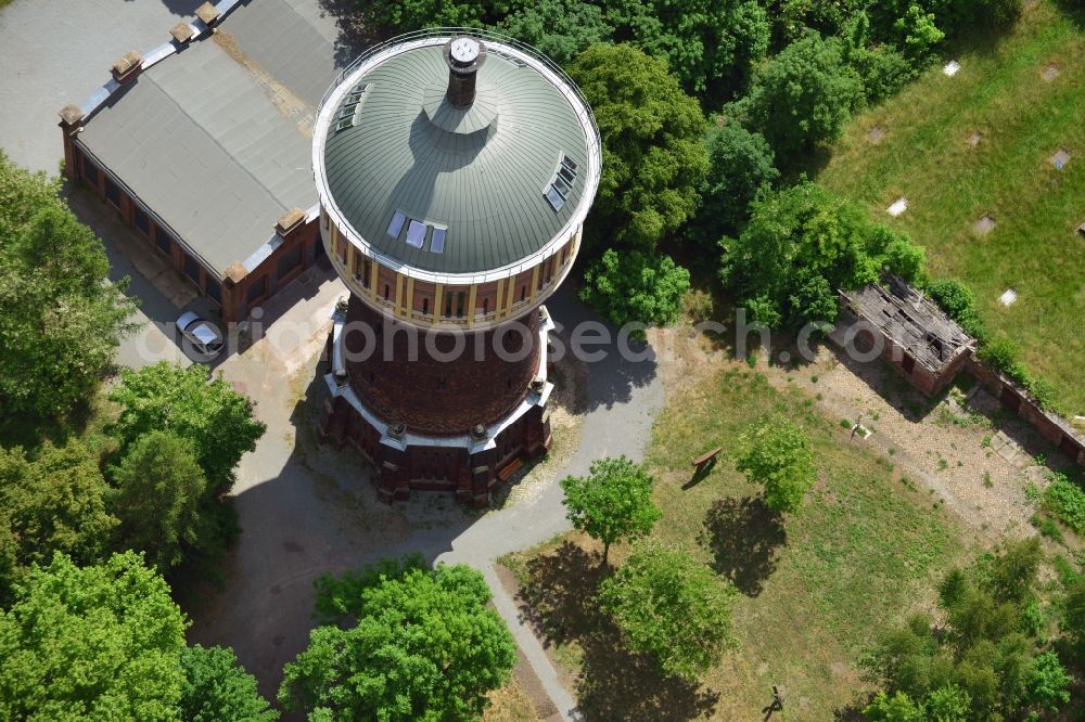 Magdeburg from above - Building of industrial monument water tower in Magdeburg in the state Saxony-Anhalt