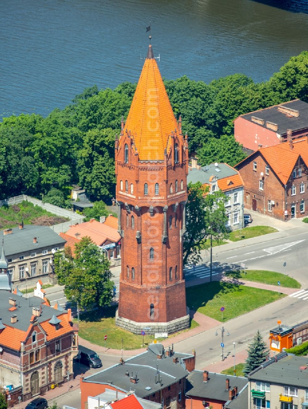 Aerial image Malbork Marienburg - Building of industrial monument water tower in Malbork Marienburg in Pomorskie, Poland