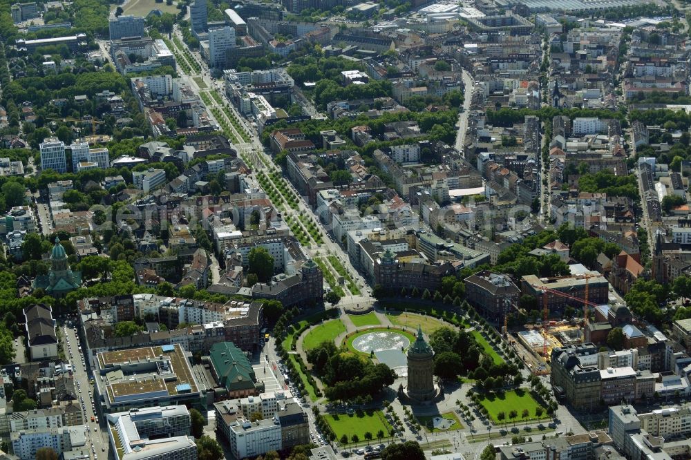 Aerial image Mannheim - Building of industrial monument water tower on place Friedrichsplatz in Mannheim in the state Baden-Wuerttemberg