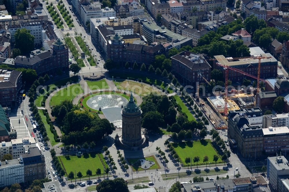 Aerial photograph Mannheim - Building of industrial monument water tower on place Friedrichsplatz in Mannheim in the state Baden-Wuerttemberg