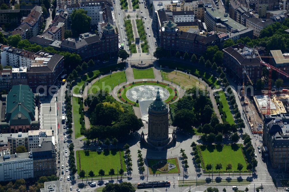 Mannheim from above - Building of industrial monument water tower on place Friedrichsplatz in Mannheim in the state Baden-Wuerttemberg