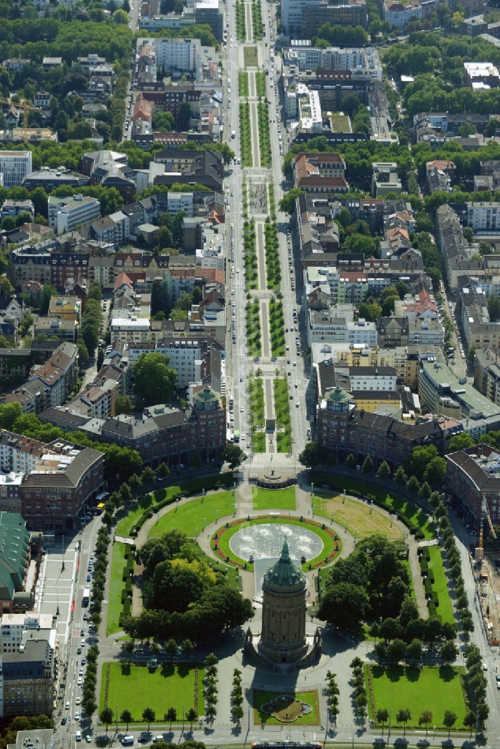 Aerial image Mannheim - Building of industrial monument water tower on place Friedrichsplatz in Mannheim in the state Baden-Wuerttemberg