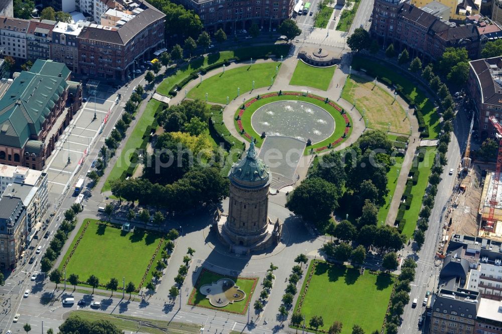 Mannheim from above - Building of industrial monument water tower on place Friedrichsplatz in Mannheim in the state Baden-Wuerttemberg