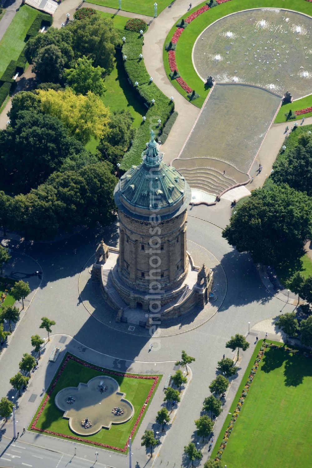 Mannheim from above - Building of industrial monument water tower on place Friedrichsplatz in Mannheim in the state Baden-Wuerttemberg