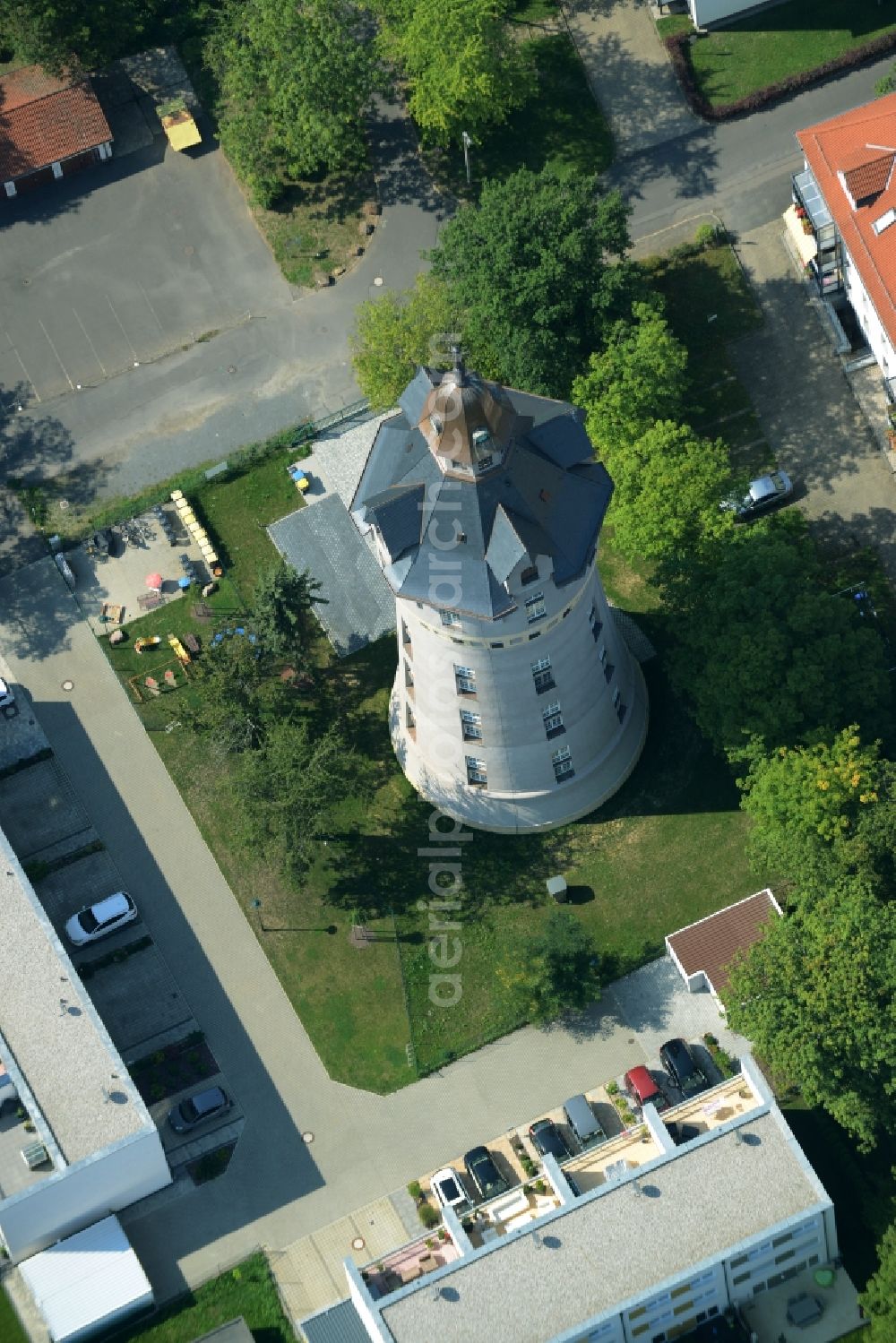 Markkleeberg from above - Building of industrial monument water tower in Markkleeberg in the state Saxony