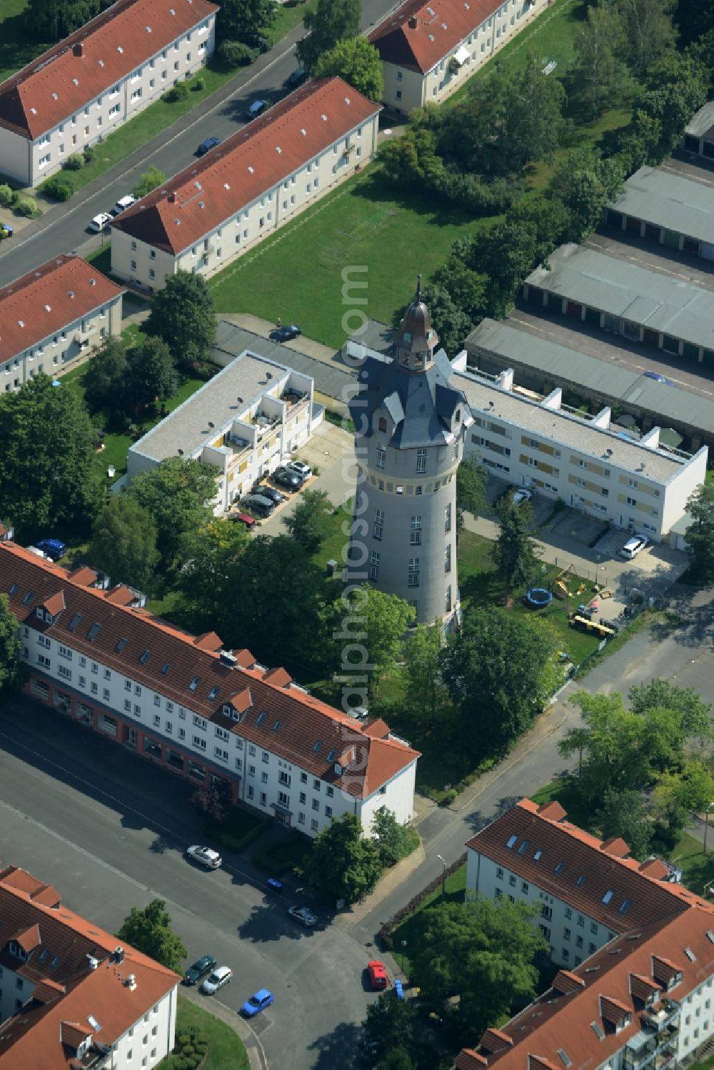 Markkleeberg from the bird's eye view: Building of industrial monument water tower in Markkleeberg in the state Saxony