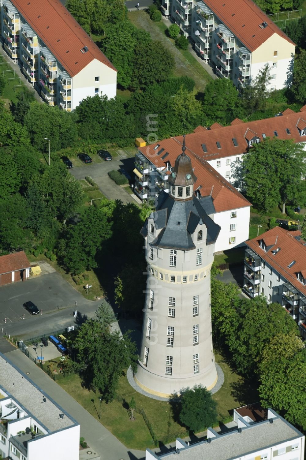 Markkleeberg from above - Building of industrial monument water tower in Markkleeberg in the state Saxony