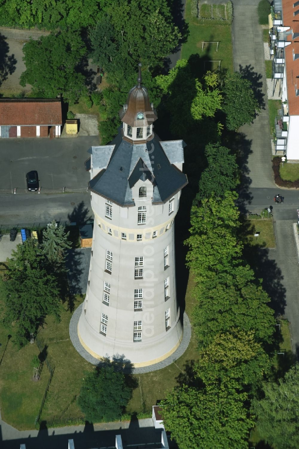 Markkleeberg from above - Building of industrial monument water tower in Markkleeberg in the state Saxony