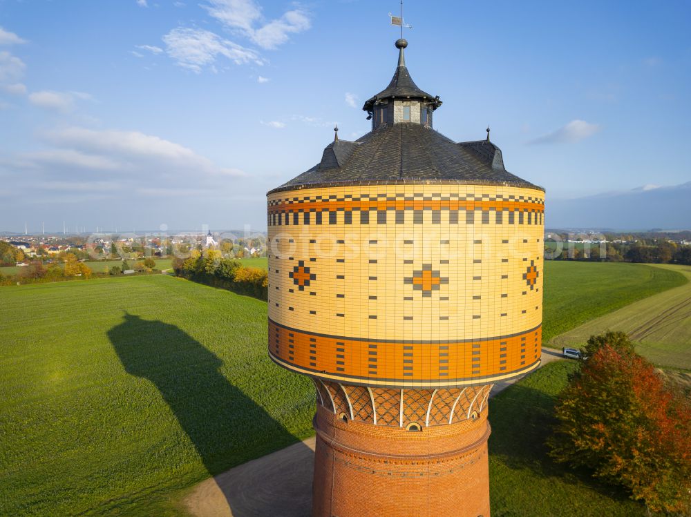 Mittweida from above - Building of industrial monument water tower on street Wasserwerksweg in Mittweida in the state Saxony, Germany