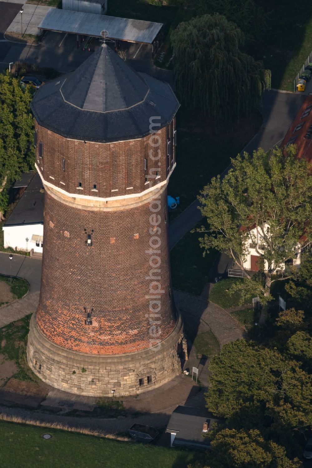 Aerial image Leipzig - Building of the industrial monument water tower in the street am Wasserwerk in the district Probstheida in Leipzig in the state Saxony, Germany