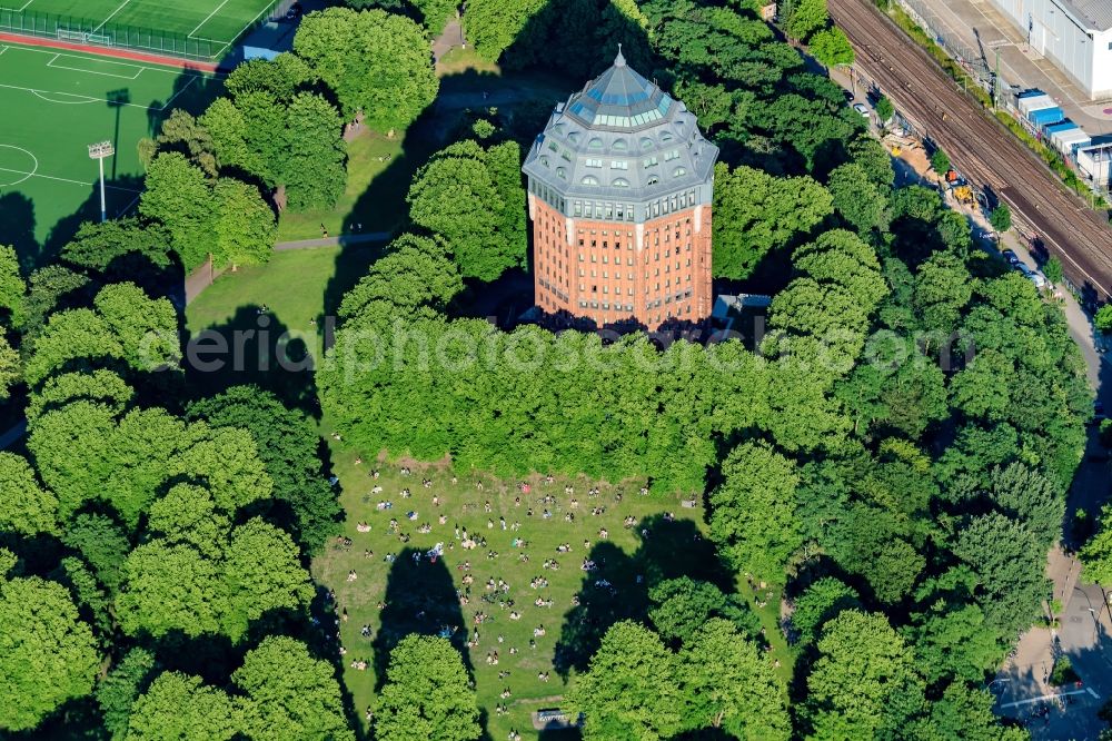 Hamburg from above - Building of industrial monument water tower Schanzenturm in the district Sternschanze in Hamburg, Germany