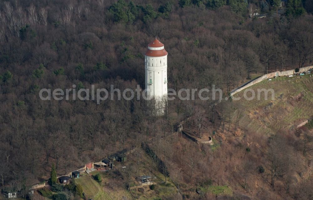 Radebeul from the bird's eye view: Building of industrial monument water tower in Radebeul in Saxony. The white, visible on the edge of the slope in Radebeul West Radebeuler water tower, also French, is a monument of culture regarding the city image