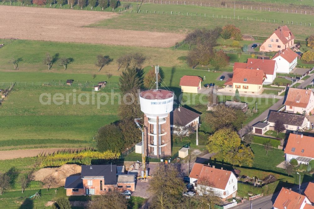 Aerial photograph Rittershoffen - Building of industrial monument water tower in Rittershoffen in Grand Est, France