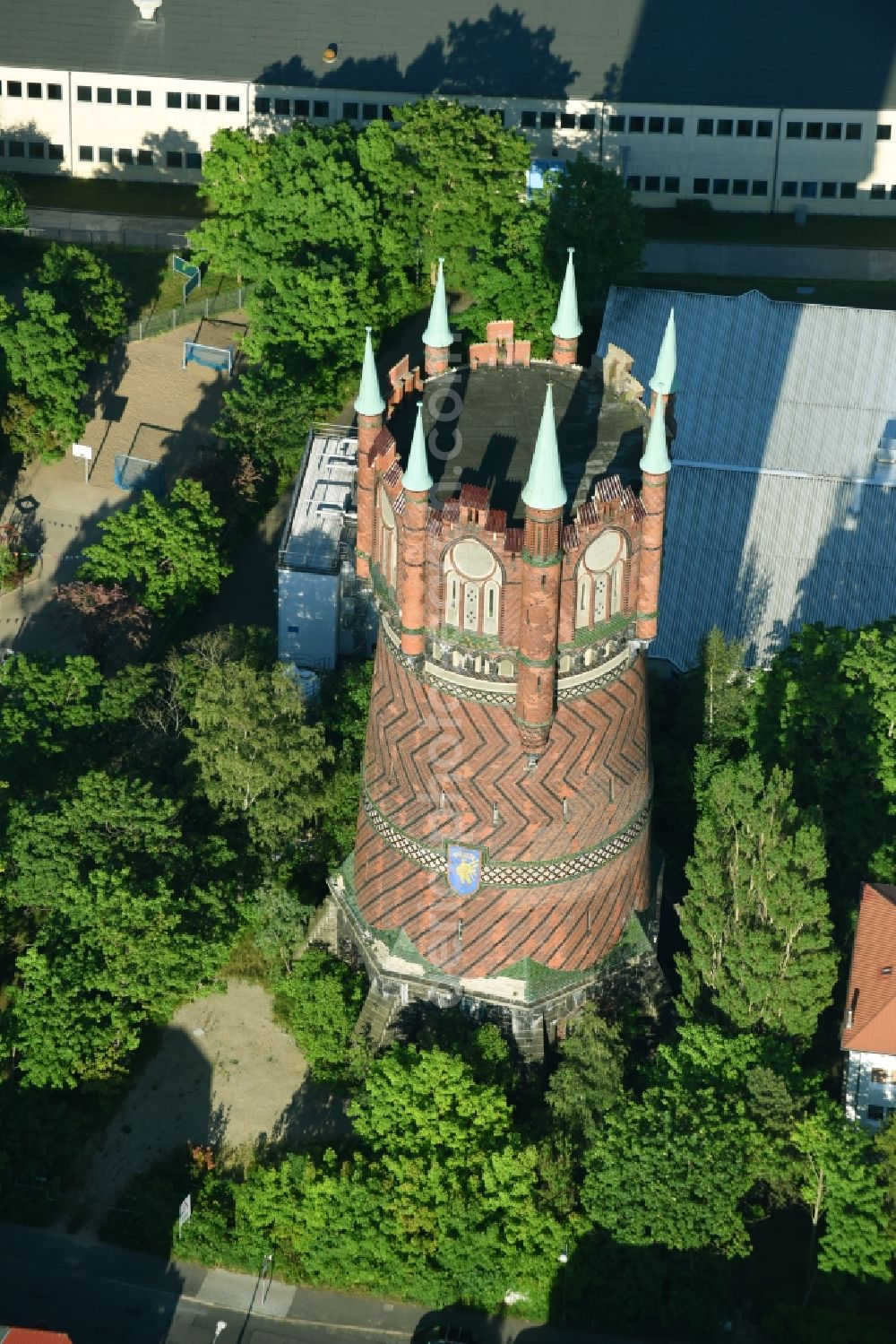 Rostock from above - Building of industrial monument water tower in Rostock in the state Mecklenburg - Western Pomerania, Germany