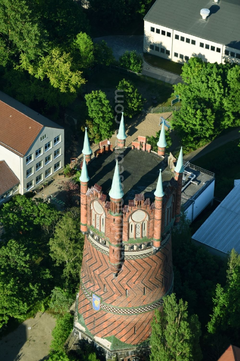 Rostock from the bird's eye view: Building of industrial monument water tower in Rostock in the state Mecklenburg - Western Pomerania, Germany