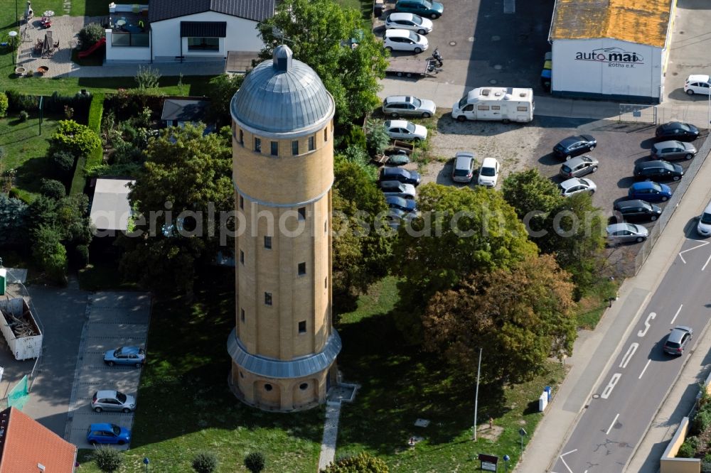 Aerial photograph Rötha - Building of industrial monument water tower in Roetha in the state Saxony, Germany