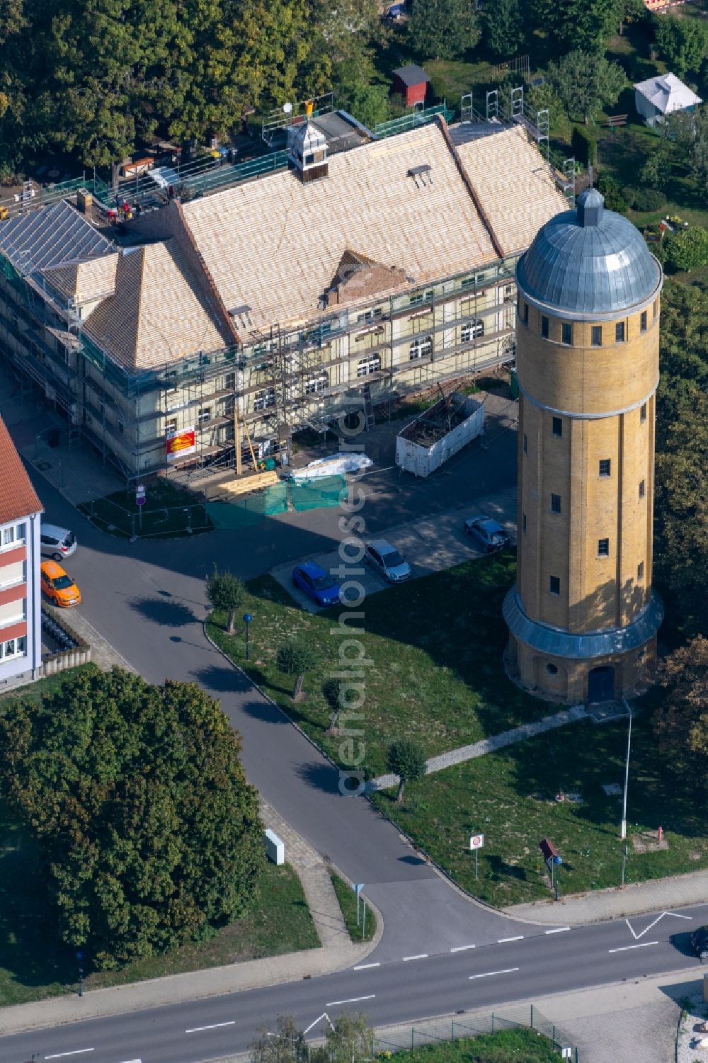 Rötha from above - Building of industrial monument water tower in Roetha in the state Saxony, Germany