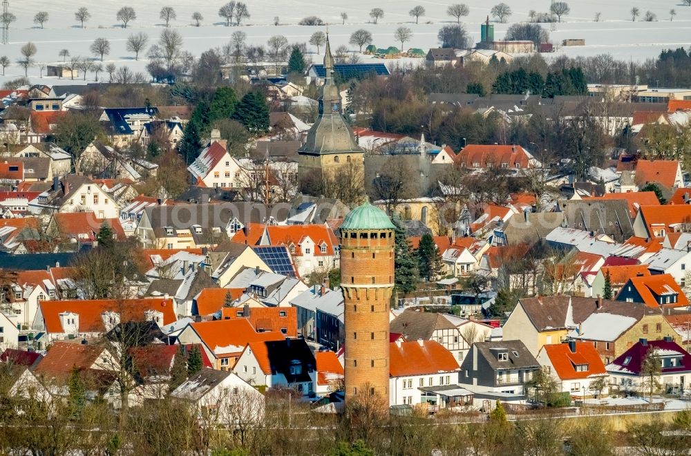 Rüthen from above - Building of industrial monument water tower in Ruethen in the state North Rhine-Westphalia