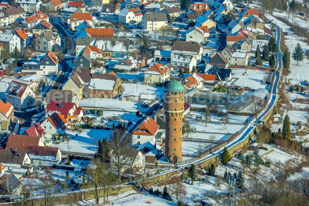 Rüthen from the bird's eye view: Building of industrial monument water tower in Ruethen in the state North Rhine-Westphalia