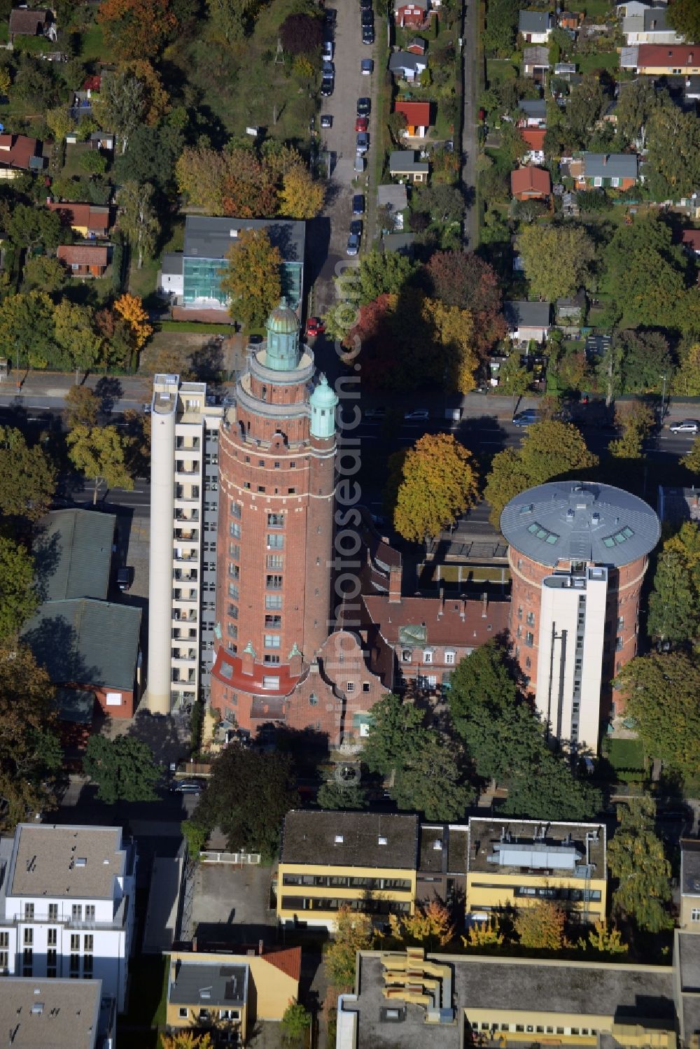 Berlin from above - Building of industrial monument water tower on Spandauer Damm in Berlin in Germany