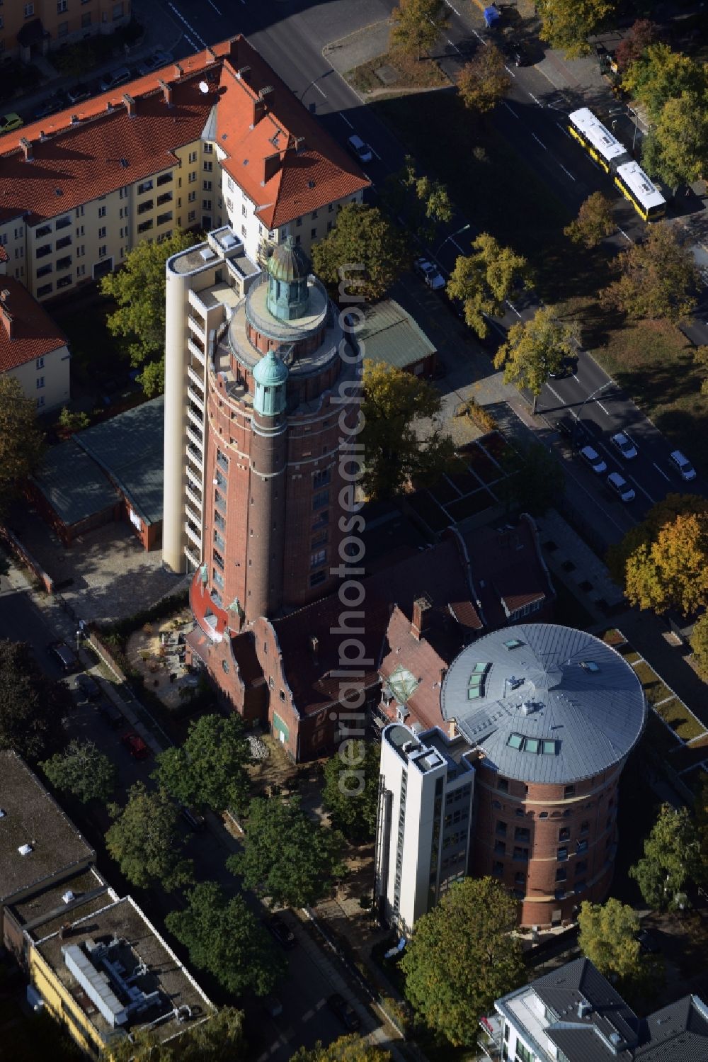 Aerial image Berlin - Building of industrial monument water tower on Spandauer Damm in Berlin in Germany