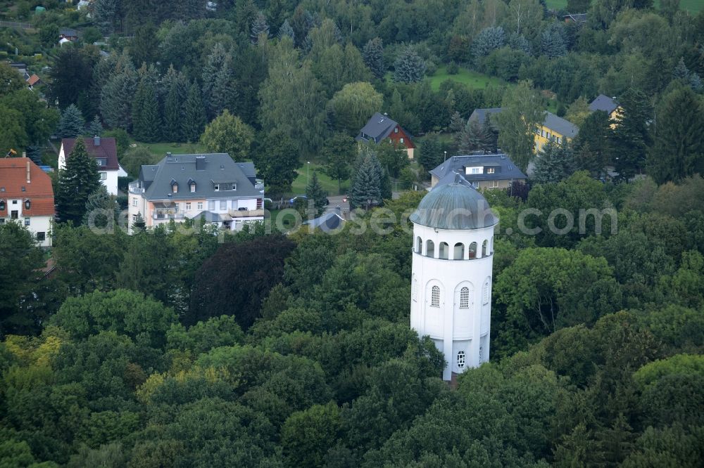 Aerial photograph Burgstädt - Building of industrial monument water tower Taurasteinturm in Burgstaedt in the state Saxony. This tower is now used as belvedere and is housing a gallery