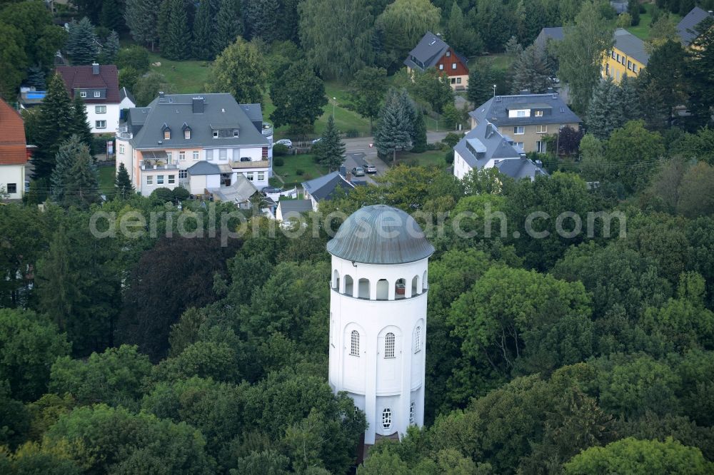 Burgstädt from the bird's eye view: Building of industrial monument water tower Taurasteinturm in Burgstaedt in the state Saxony. This tower is now used as belvedere and is housing a gallery