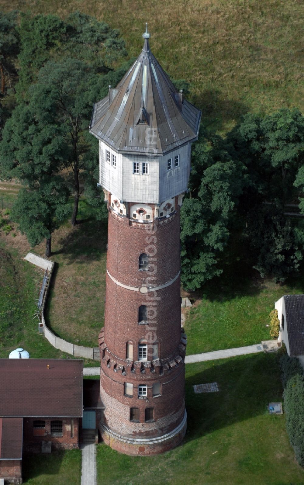 Zehdenick from above - Building of industrial monument water tower on Parkstrasse in Zehdenick in the state Brandenburg, Germany