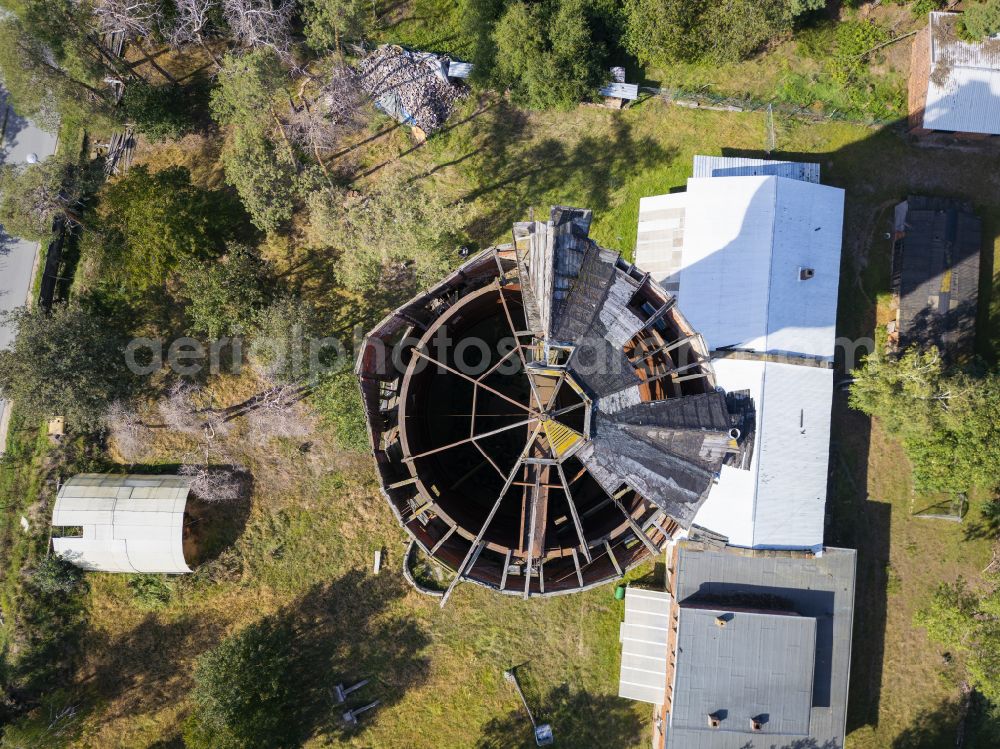 Zeithain from above - Building of industrial monument water tower Neudorf on street Wasserturmstrasse in Zeithain in the state Saxony, Germany