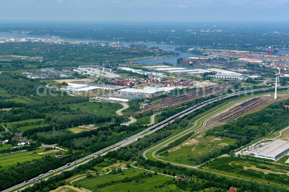 Hamburg from the bird's eye view: Industrial area and container terminals along motorway A7 in the Altenwerder part of Hamburg in Germany