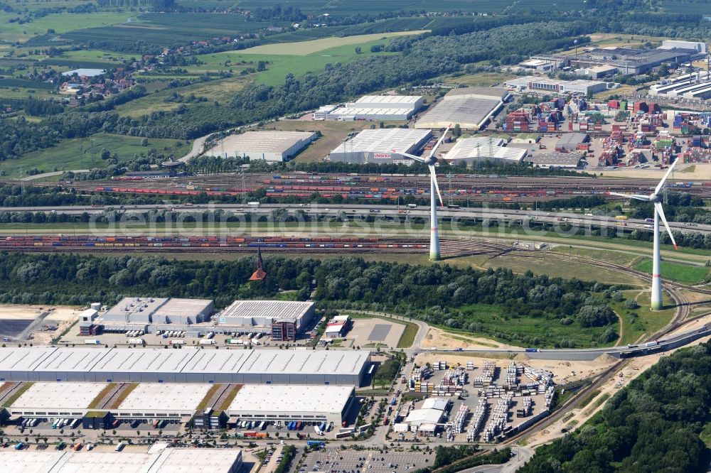 Hamburg from above - Industrial area and container terminals along motorway A7 in the Altenwerder part of Hamburg in Germany