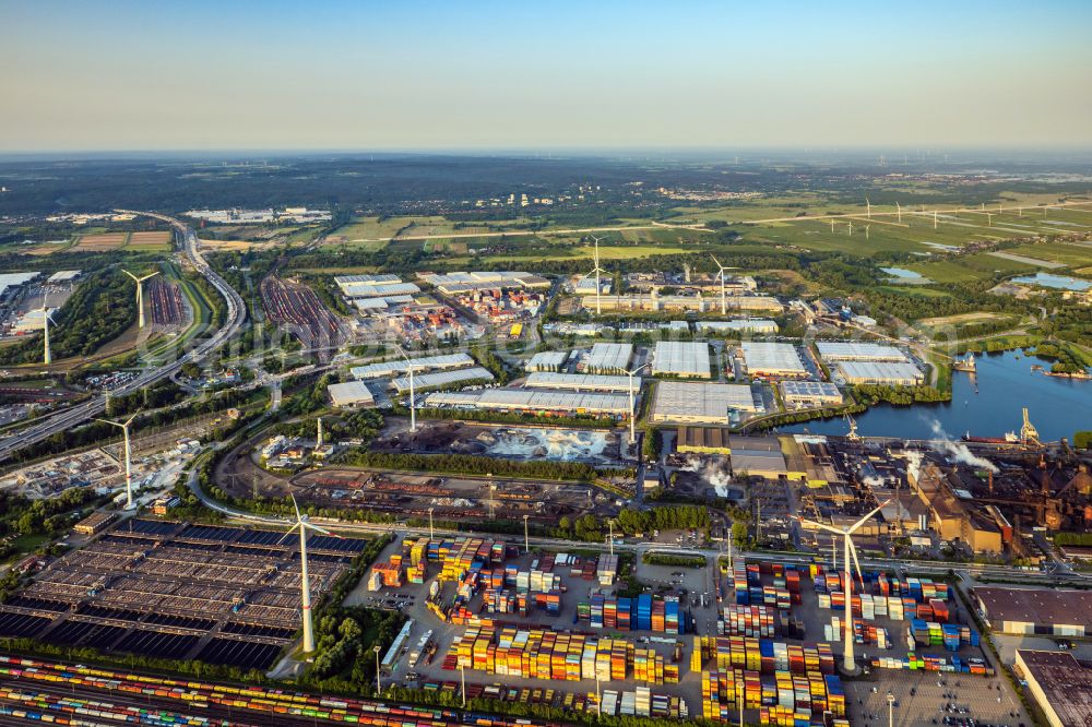 Hamburg from the bird's eye view: Industrial area and container terminals along motorway A7 in the Altenwerder part of Hamburg in Germany