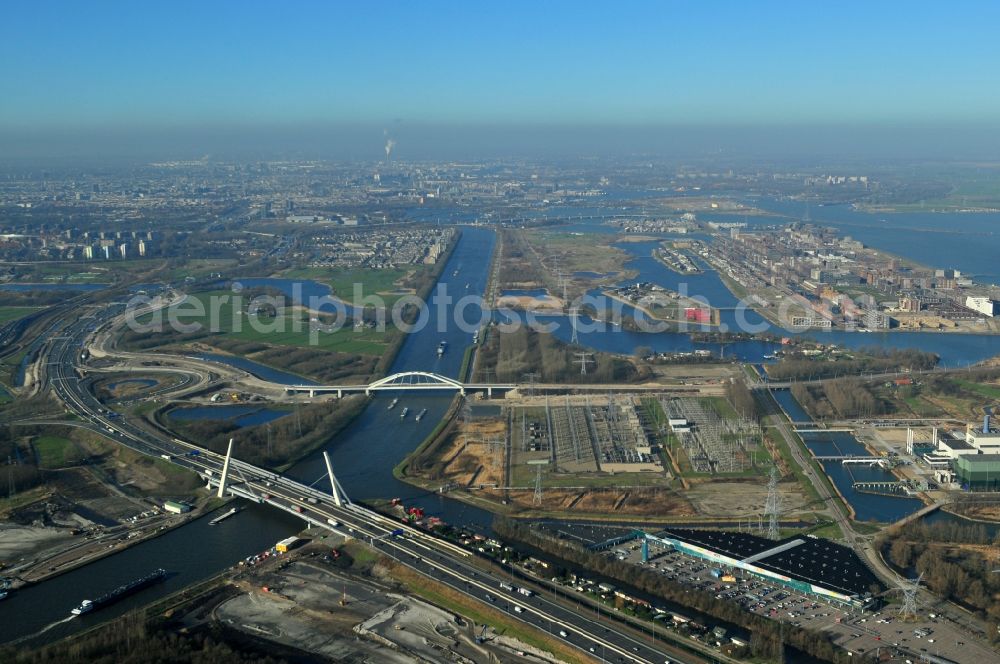 Amsterdam from above - View of the artificial PEN - Island and the public park Diemerpark near Amsterdam in the province of North Holland in the Netherlands. On the PEN - the island is a powerhouse of Provincial Electricity Company of New York. The Diemerpark is Amsterdam's largest city park, was built on a former garbage dump in Amsterdam in the province of North Holland in the Netherlands