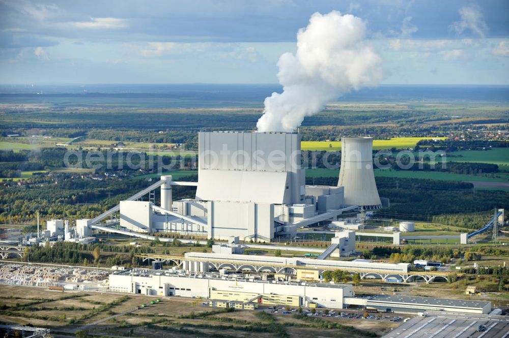 Schwarze Pumpe from above - The Schwarze Pumpe power plant is a 1993 built until 1998 and consisting of Vattenfall Europe operated lignite-fired power plant, seen from two generating units with a capacity of 800 MW each. It is located on the grounds of the Schwarze Pumpe Industrial Park