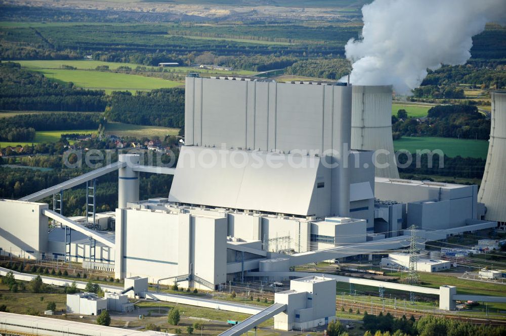 Aerial image Schwarze Pumpe - The Schwarze Pumpe power plant is a 1993 built until 1998 and consisting of Vattenfall Europe operated lignite-fired power plant, seen from two generating units with a capacity of 800 MW each. It is located on the grounds of the Schwarze Pumpe Industrial Park