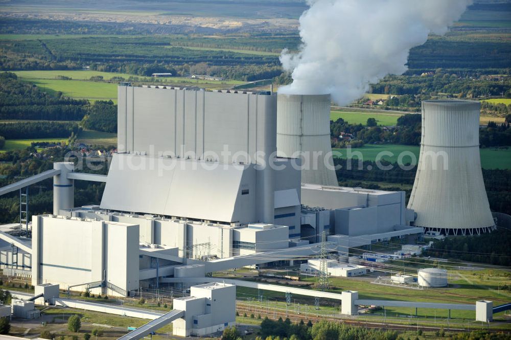 Aerial photograph Schwarze Pumpe - The Schwarze Pumpe power plant is a 1993 built until 1998 and consisting of Vattenfall Europe operated lignite-fired power plant, seen from two generating units with a capacity of 800 MW each. It is located on the grounds of the Schwarze Pumpe Industrial Park