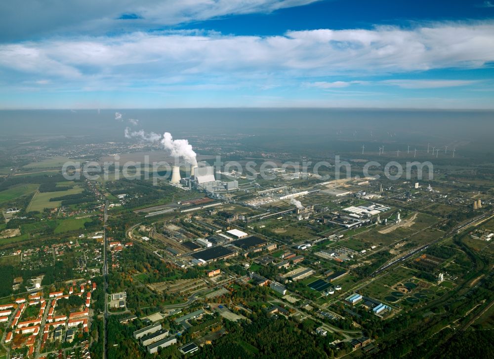 Schwarze Pumpe from above - The Schwarze Pumpe power plant is a 1993 built until 1998 and consisting of Vattenfall Europe operated lignite-fired power plant, seen from two generating units with a capacity of 800 MW each. It is located on the grounds of the Schwarze Pumpe Industrial Park