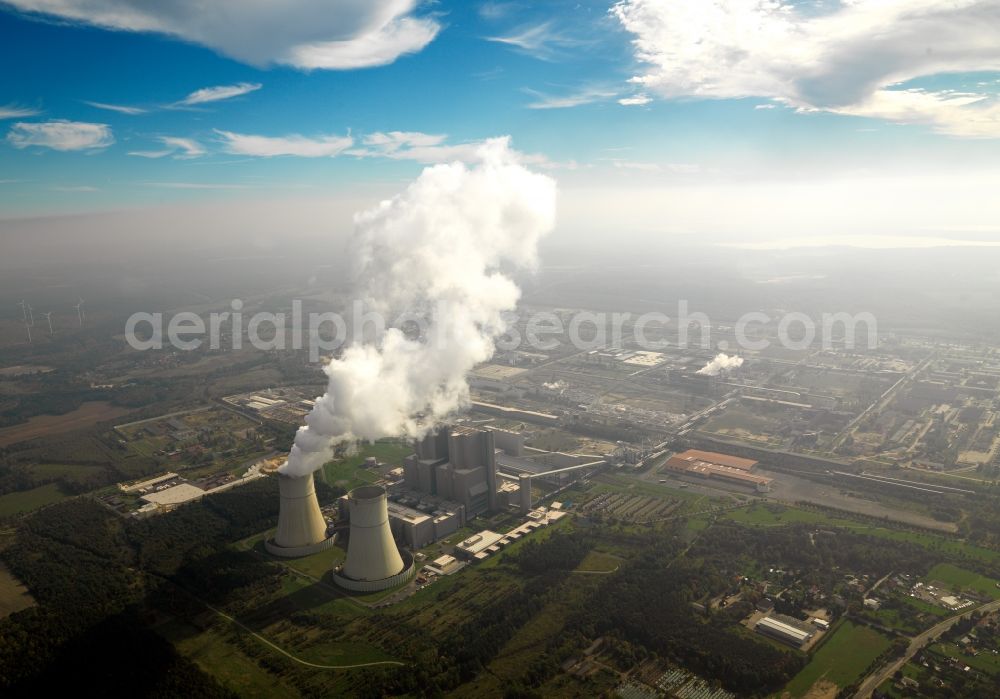 Aerial image Schwarze Pumpe - The Schwarze Pumpe power plant is a 1993 built until 1998 and consisting of Vattenfall Europe operated lignite-fired power plant, seen from two generating units with a capacity of 800 MW each. It is located on the grounds of the Schwarze Pumpe Industrial Park