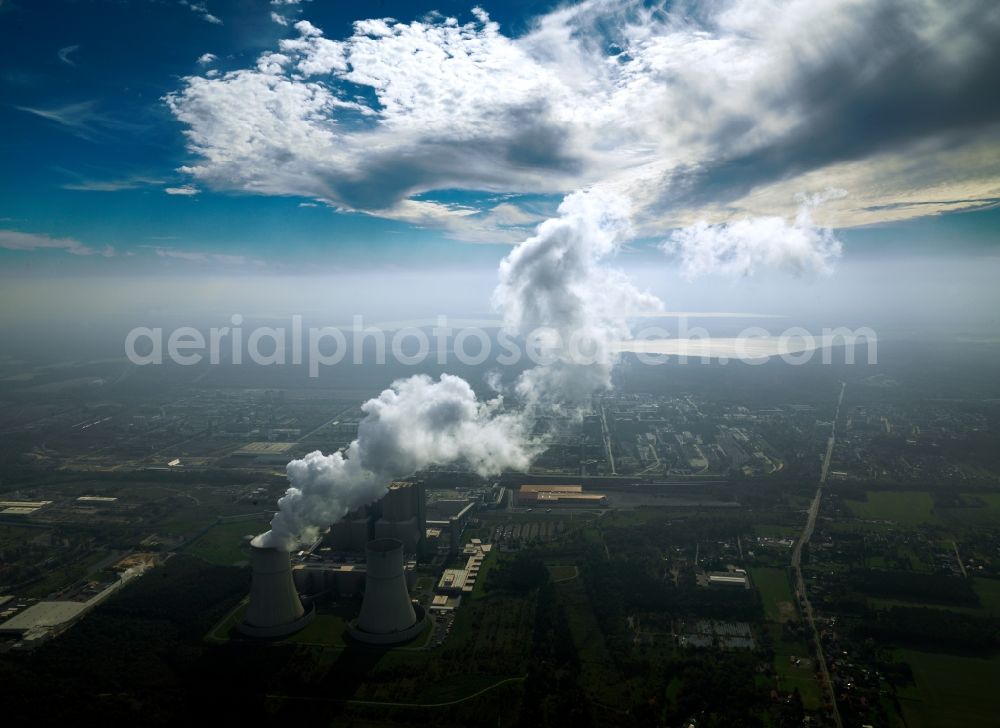 Aerial photograph Schwarze Pumpe - The Schwarze Pumpe power plant is a 1993 built until 1998 and consisting of Vattenfall Europe operated lignite-fired power plant, seen from two generating units with a capacity of 800 MW each. It is located on the grounds of the Schwarze Pumpe Industrial Park