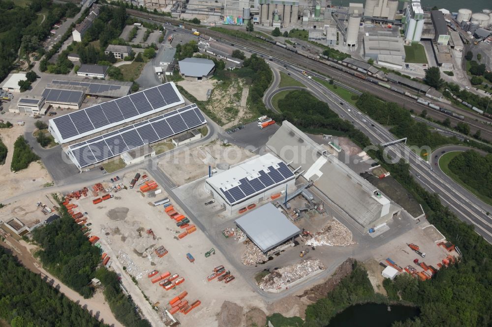 Aerial image Mainz Weisenau - Industrial area with cement plant and recycling center on the banks of the Rhine in Mainz Weisenau in Rhineland-Palatinate