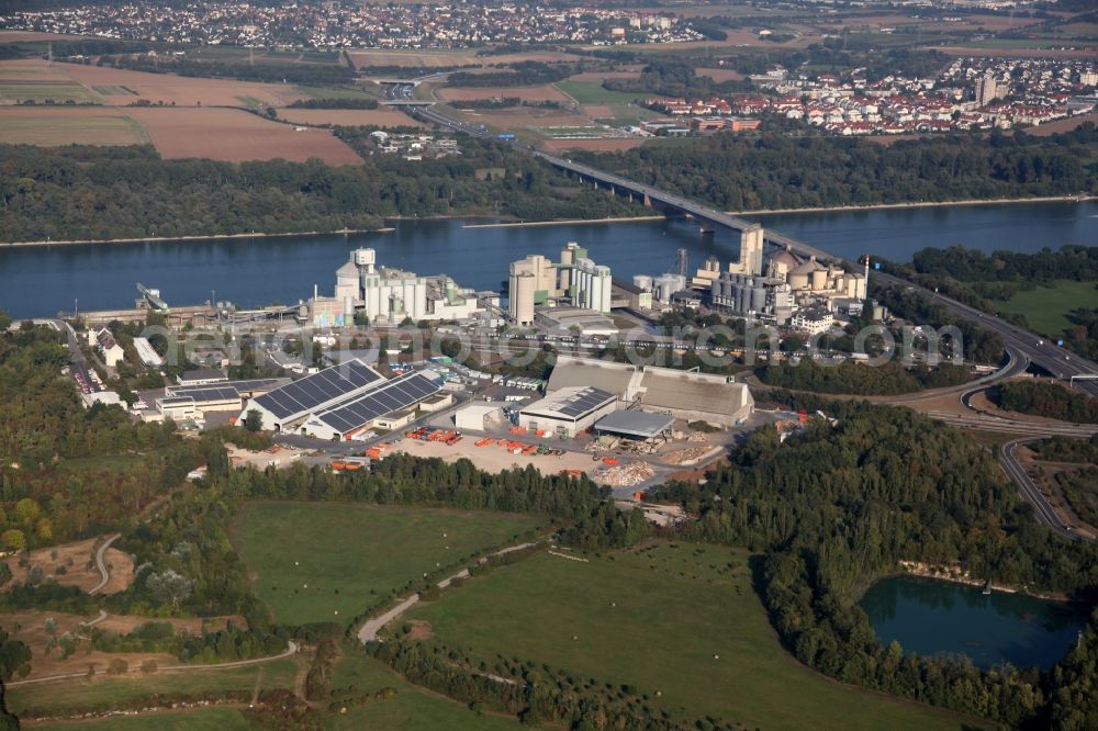 Mainz from above - Industrial area with cement plant and recycling center on the banks of the Rhine in Mainz Weisenau in Rhineland-Palatinate