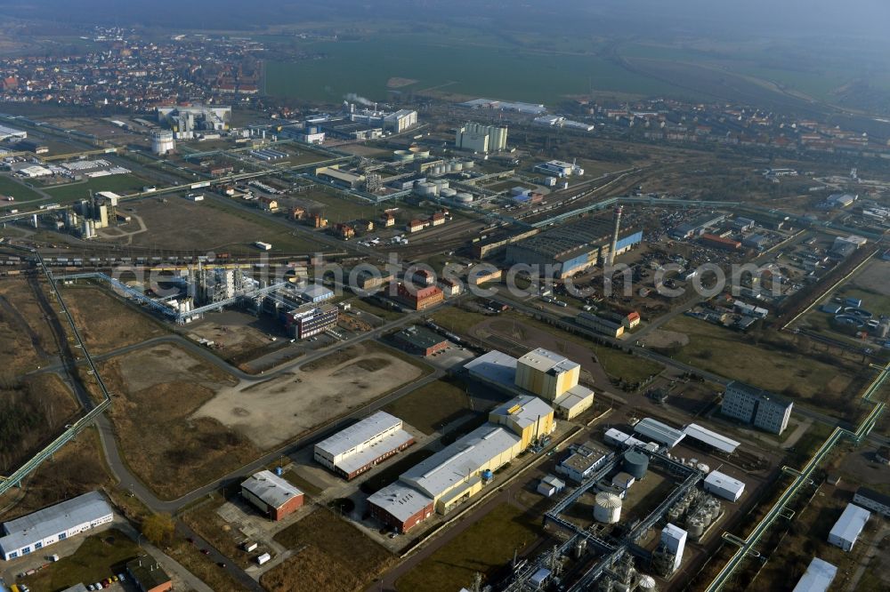 Bitterfeld from the bird's eye view: Industrial areas in the Chemical Park Bitterfeld - Wolfen near Bitterfeld in Saxony-Anhalt