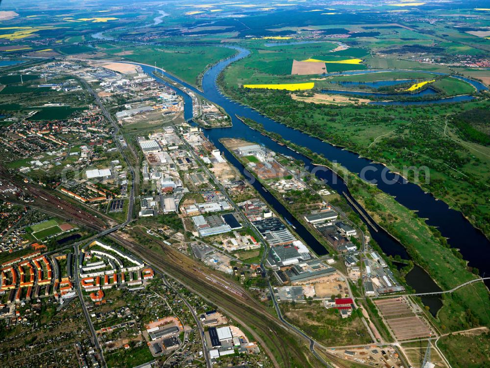 Magdeburg from above - The industrial port on the connecting channel Rothensee in the inner harbor of Magdeburg in Saxony-Anhalt