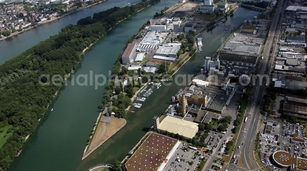 Mainz OT Ingelheimer Aue from above - View of the former Rhine island Ingelheimer Aue in the state of Rhineland-Palatinate. Today the islan, which lies in Mainz, is used as an industrial harbor, among other things by the paper mill Wepa Papierfabrik ( Westfälische Papierfabrik ) and Nescafe