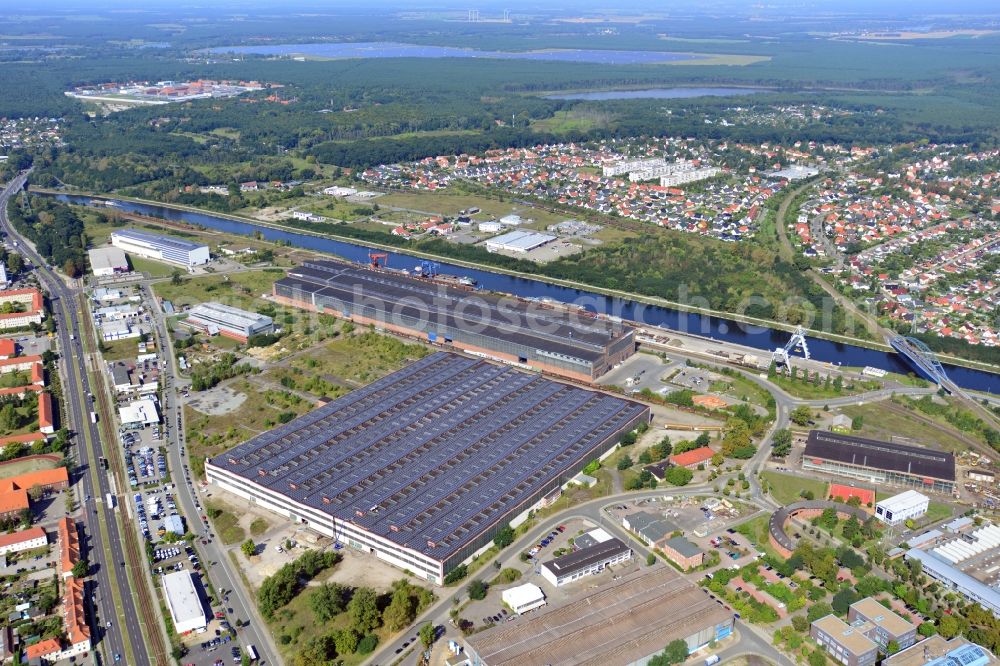 Brandenburg Havel from the bird's eye view: Look at the Industrial Museum and the recycling park in Brandenburg upon Havel in the federal state of Brandenburg. The monument area includes the Siemens-Martin furnace and the associated facilities. The recycling center is operated by the company Märkische Entsorgungsgesellschaft Brandenburg mbH