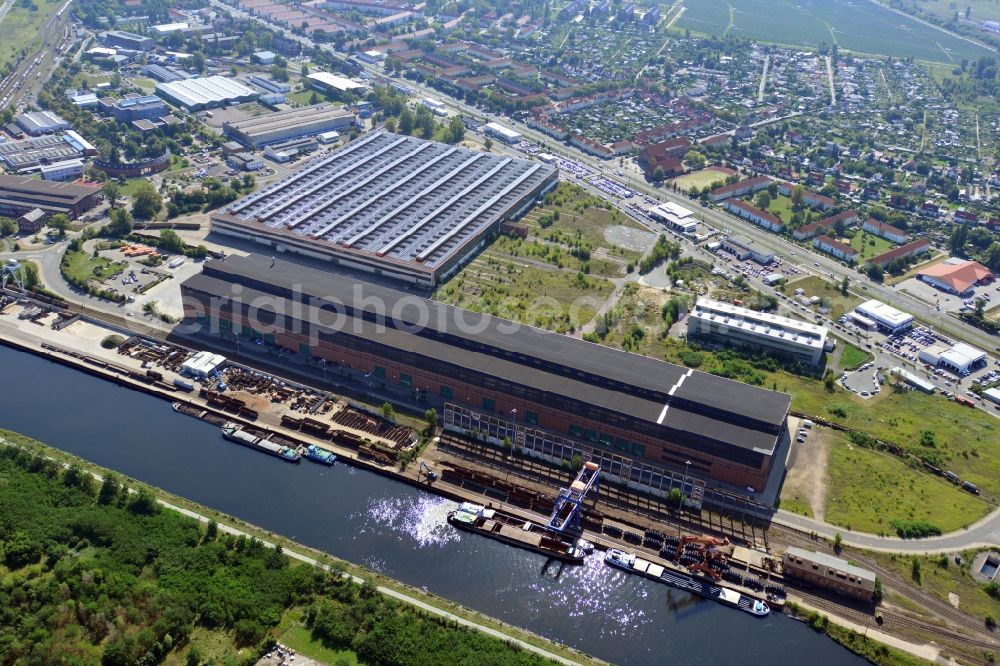 Brandenburg Havel from the bird's eye view: Look at the Industrial Museum and the recycling park in Brandenburg upon Havel in the federal state of Brandenburg. The monument area includes the Siemens-Martin furnace and the associated facilities. The recycling center is operated by the company Märkische Entsorgungsgesellschaft Brandenburg mbH