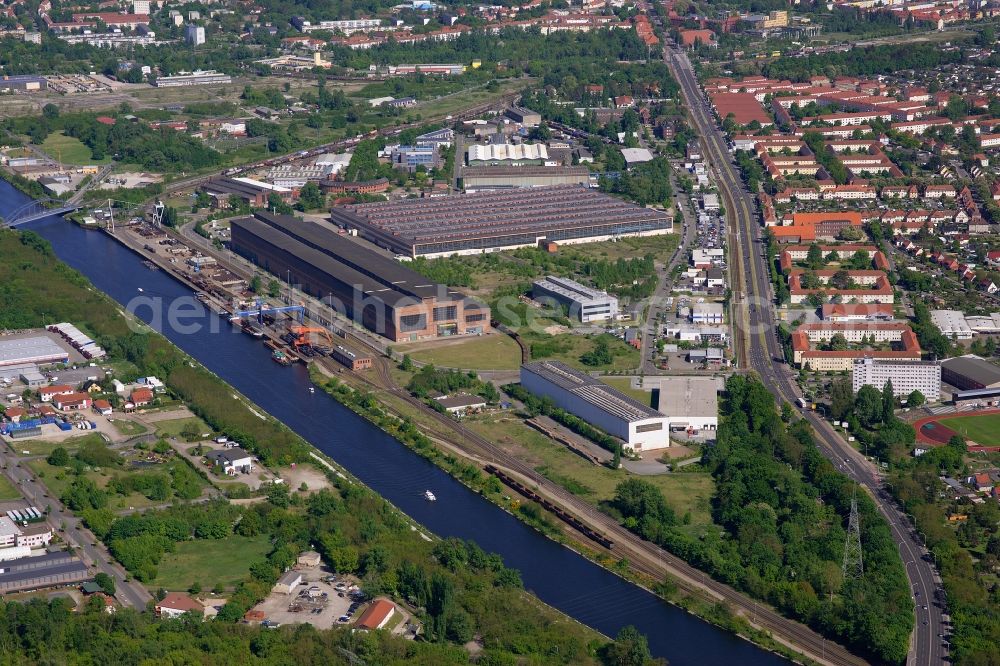 Brandenburg an der Havel from the bird's eye view: Industrial Museum and the recycling park in Brandenburg upon Havel in the federal state of Brandenburg. The monument area includes the Siemens-Martin furnace and the associated facilities. The recycling center is operated by the company Maerkische Entsorgungsgesellschaft Brandenburg mbH